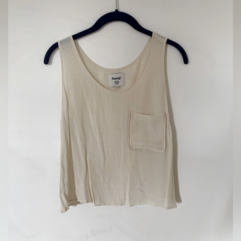 Samuji boxy cream tank, sheer and silky, front pocket, size 40 (M)